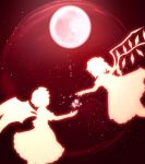  2girls bat_wings crystal dress flandre_scarlet flying from_side full_moon hat mob_cap moon moonlight multiple_girls night night_sky puffy_short_sleeves puffy_sleeves red_moon remilia_scarlet sakipsakip short_sleeves siblings side_ponytail silhouette sisters sky star_(sky) starry_sky touhou wings 