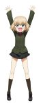  &gt;:d 1girl :d arms_up bangs black_legwear black_shoes black_skirt blonde_hair blush buttons fang full_body girls_und_panzer green_jacket jacket katyusha kneehighs loafers long_sleeves miniskirt open_mouth pleated_skirt shoes short_hair simple_background skirt smile solo standing tiptoes transparent_background 