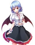  1girl adapted_costume bat_wings black_skirt blouse blue_hair blush cowboy_shot fang frilled_skirt frills head_tilt junior27016 looking_at_viewer no_hat no_headwear open_mouth pointy_ears puffy_short_sleeves puffy_sleeves red_eyes remilia_scarlet short_hair short_sleeves simple_background skirt touhou white_background white_blouse wings wrist_cuffs 
