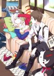  ... 1boy 1girl ? absurdres ahoge animal_slippers bag bangs basket belt belt_buckle black_legwear black_necktie black_pants black_shoes blanket blurry breasts brown_hair brown_skirt buckle bunny_slippers casual character_name checkered checkered_floor chips closed_mouth clothes_writing collarbone collared_shirt couch dangan_ronpa day depth_of_field door doormat drawstring dress_shirt eyebrows eyebrows_visible_through_hair flipped_hair flippers food frown game_console hand_on_own_forehead hand_on_own_stomach highres hinata_hajime holding hood hood_down hoodie indoors jacket jacket_removed knee_up logo long_sleeves looking_at_another lying medium_breasts miniskirt monokuma nanami_chiaki necktie on_back on_couch pale_skin pants pillow pink_eyes pink_hair pleated_skirt pocket profile red_eyes rug shadow shi_er_xian shirt shoes shoes_removed shoulder_bag sitting skirt sleepy sleeves_past_wrists sleeves_rolled_up snack spill spoken_ellipsis spoken_question_mark star star_print striped super_dangan_ronpa_2 teddy thigh-highs tile_floor tiles vertical_stripes wall white_hair white_shirt 