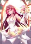  1girl bare_shoulders bridal_veil bride dress fate/grand_order fate_(series) flower gloves highres jewelry jiuling long_hair necklace red_eyes redhead rose scathach solo strapless strapless_dress veil wedding wedding_dress white_dress 