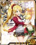  1girl black_skirt blonde_hair breasts card_(medium) christmas_tree cleavage collarbone cowboy_shot green_eyes high_ponytail holding layered_skirt leafa long_hair looking_at_viewer medium_breasts open_mouth outdoors pointy_ears skirt snow snowflakes solo star sword_art_online 