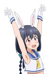  1girl :d animal_ears armpits black_hair crop_top highres kono_bijutsubu_niwa_mondai_ga_aru! midiman midriff moeka_(kono_bijutsubu_niwa_mondai_ga_aru!) open_mouth rabbit_ears red_eyes sailor_collar simple_background sleeveless smile solo white_background white_legwear 