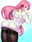  1girl akashi_(kantai_collection) black_legwear blush crotch_seam dress green_eyes hair_ribbon kantai_collection long_hair long_sleeves looking_at_viewer looking_back open_mouth panties panties_under_pantyhose pantyhose pink_hair ribbed_sweater ribbon ryou@ryou solo sweater sweater_dress thighband_pantyhose tress_ribbon twintails underwear 