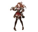  black_legwear brown_eyes brown_hair carren coat detached_sleeves full_body gloves granblue_fantasy hair_ornament hand_on_hip holding holding_sword holding_weapon long_hair looking_at_viewer minaba_hideo official_art skirt smile solo standing sword thigh-highs transparent_background weapon zettai_ryouiki 