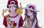  1boy 1girl baseball_cap blue_(pokemon) brown_hair hat height_difference lillin long_hair mimikyu_(pokemon) on_shoulder pikachu pokemon pokemon_(game) pokemon_sm red_(pokemon) red_(pokemon)_(sm) shirt sleeveless smile t-shirt what_if white_background 