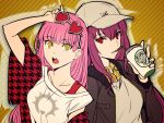  2girls baseball_cap berserker_of_red collared_shirt drinking_straw fate/grand_order fate_(series) hat highres jacket long_hair medb_(fate/grand_order) multiple_girls open_mouth pink_hair purple_hair red_eyes scathach_(fate/grand_order) shimo_(s_kaminaka) shirt smile sunglasses sunglasses_on_head teeth yellow_eyes 
