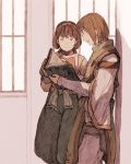  1boy 1girl blush book brown_eyes brown_hair circlet gensou_suikoden gensou_suikoden_ii hairband holding holding_book indoors leaning_back luc_(suikoden) maekakekamen nanami_(suikoden) profile reading short_hair sketch smile sunlight tabard window 