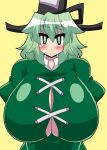  1girl akasode_(tyaramu) blush breasts bursting_breasts dress gigantic_breasts green_dress green_eyes green_hair hat juliet_sleeves long_sleeves puffy_sleeves soga_no_tojiko tate_eboshi touhou v_arms wavy_mouth 