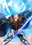  1boy armor artist_name blonde_hair cape excalibur_galatine facing_viewer fate/extra fate/grand_order fate_(series) gauntlets gawain_(fate/extra) glowing glowing_sword glowing_weapon greaves green_eyes highres looking_at_viewer short_hair solo sun sword weapon 