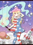  1girl absurdres american_flag_dress american_flag_legwear blonde_hair blush_stickers clownpiece dress fire haruka_(haruka_channel) hat highres holding jester_cap knees_together_feet_apart moon neck_ruff one_eye_closed pantyhose pink_eyes planet polka_dot ringed_eyes short_dress short_sleeves sky solo space_craft star star_(sky) star_print starry_sky striped tongue tongue_out torch touhou twitter_username v 