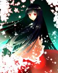  1girl black_hair closed_mouth flower from_side hime_cut houraisan_kaguya japanese_clothes kimono long_hair long_sleeves looking_at_viewer looking_to_the_side red_eyes red_skirt sakipsakip skirt sleeves_past_wrists solo touhou very_long_hair wide_sleeves 