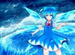  &gt;:) 1girl blizzard blue_bow blue_dress blue_eyes blue_hair bow bowtie cirno closed_mouth cowboy_shot dress hair_bow ice ice_wings looking_at_viewer puffy_short_sleeves puffy_sleeves red_bow red_bowtie sakipsakip short_hair short_sleeves smile snowflakes solo touhou wings 