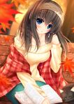  1girl autumn_leaves bench black_hair blue_eyes blush book cat hairband highres idolmaster idolmaster_cinderella_girls jewelry long_hair necklace off-shoulder_sweater pendant ribbed_sweater sagisawa_fumika shawl shocchan_(sanymph) solo sweater 