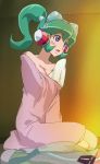  1girl blush_stickers breasts calen_(time_bokan) cleavage clothes_removed female green_hair haruyama_kazunori headgear headphones long_hair open_mouth pajamas ponytail seiza sitting solo tearing_up time_bokan_(series) time_bokan_24 