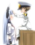  1boy 1girl :d bangs black_gloves bloom blue_hair blunt_bangs blush brown_hair closed_eyes closed_mouth crate dress fingerless_gloves from_side gloves hair_ribbon hat headgear height_difference highres kantai_collection little_boy_admiral_(kantai_collection) long_hair long_sleeves looking_at_another military military_hat military_uniform murakumo_(kantai_collection) neckerchief nose_blush open_mouth peaked_cap profile rappa_(rappaya) red_ribbon ribbon sailor_dress school_uniform serafuku sidelocks sitting smile spiky_hair tress_ribbon uniform very_long_hair white_background 