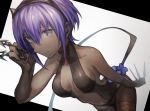  1girl assassin_(fate/prototype_fragments) bare_shoulders black_eyes breasts dark_skin fate/grand_order fate/prototype fate/prototype:_fragments_of_blue_and_silver fate_(series) knife light_smile looking_up mephist-pheles purple_hair short_hair solo thighs 