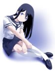  1girl black_hair black_shoes blue_eyes blush crossed_arms crossed_legs hair_between_eyes kneehighs long_hair looking_at_viewer necktie original school_uniform serafuku shoes short_sleeves simple_background sitting_on_floor socks solo tora_tsugumi white_legwear 