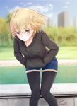  1girl artist_name bangs black_legwear black_sweater blonde_hair blue_eyes blurry blush building collarbone commentary dated depth_of_field eyebrows eyebrows_visible_through_hair gurifu hair_between_eyes hands_in_pockets hood hoodie knees_together_feet_apart leaning_forward looking_at_viewer original pantyhose park parted_lips short_hair shorts signature solo standing standing_on_one_leg sweater thighs tree 