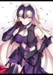  1girl armor black_gloves blonde_hair breasts chain cleavage elbow_gloves fate/grand_order fate_(series) gloves hand_on_hip haruyuki_(yukichasoba) helmet jeanne_alter long_hair looking_at_viewer petals ruler_(fate/apocrypha) smile solo thigh-highs yellow_eyes 