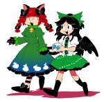  2girls :d ^_^ animal_ears bell black_hair black_shoes black_wings bow cat_ears cat_paws closed_eyes commentary_request dress feathered_wings furukawa_(yomawari) green_bow green_dress green_ribbon hair_bow hair_ribbon kaenbyou_rin multiple_girls no_nose open_mouth paws redhead reiuji_utsuho ribbon round_teeth shoes skull smile teeth touhou wings younger 