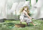  1girl alternate_costume barefoot blonde_hair bow braid clothesline dress hair_bow hat hose kirisame_marisa laundry long_hair outdoors red_bow side_braid single_braid sitting sitting_on_object sleeveless solo stool sundress tagme touhou tree water white_dress white_hat yawl yellow_eyes 