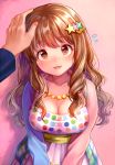  1girl :3 blush breasts brown_eyes brown_hair cleavage dress flying_sweatdrops hair_ornament hand_on_another&#039;s_head idolmaster idolmaster_cinderella_girls jewelry large_breasts long_hair looking_at_viewer mismatched_sleeves moroboshi_kirari necklace nishizawa open_mouth petting polka_dot pov pov_hands smile solo_focus star star_hair_ornament v_arms 