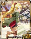  1girl black_skirt blonde_hair boots brown_boots card_(medium) green_eyes hair_between_eyes high_ponytail holding index_finger_raised layered_skirt leafa long_hair looking_at_viewer one_leg_raised open_mouth outdoors pointy_ears skirt snow solo star sword_art_online 