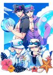  4boys aqua_eyes ball bare_chest beachball black_hair blue_sky chin_rest closed_eyes clouds drink flower food fruit glass hat hat_over_one_eye highres hood hoodie jojo_no_kimyou_na_bouken kuujou_joutarou male_focus multiple_boys multiple_persona no_shirt ocean one_eye_closed open_clothes open_hoodie open_mouth sky smile straw sunglasses sunglasses_on_head sweatdrop syei 