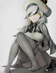  1girl between_breasts breasts brown_eyes cape elbow_gloves eyebrows eyebrows_visible_through_hair eyes_visible_through_hair gloves grey_background grey_gloves grey_hair grey_legwear grey_skirt hair_over_one_eye hat highres kantai_collection lips long_hair looking_at_viewer medium_breasts open_mouth pale_skin pantyhose pantyhose_pull seaplane_tender_water_hime shadow shinkaisei-kan shoes_removed simple_background skirt solo walzrj 