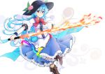  1girl black_hat blue_hair blue_skirt boots bow bowtie brown_boots cowboy_shot cross-laced_footwear fiery_sword fire food frilled_skirt frills fruit furapechi hair_between_eyes hat hat_leaf hinanawi_tenshi holding holding_weapon long_hair peach puffy_short_sleeves puffy_sleeves rainbow_order red_bow red_bowtie red_eyes shirt short_sleeves single_wrist_cuff skirt smile solo standing standing_on_one_leg sword_of_hisou touhou weapon white_background white_shirt 