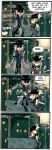  1boy 1girl 4koma blonde_hair bloodborne bow coat comic commentary english gehrman_the_first_hunter grey_hair hair_bow hat highres lady_maria_of_the_astral_clocktower long_hair ponytail pushing scarf setz the_old_hunters tricorne well 