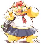  1boy 1up bowser claws garou-zuki horns looking_at_viewer super_mario_bros. microphone mushroom one_eye_closed pinky_out pointing redhead school_uniform serafuku simple_background skirt solo tail white_background 