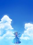  1girl :d ^_^ blue_bow blue_dress blue_hair bow cirno closed_eyes cowboy_shot day dress hair_bow ice ice_wings looking_at_viewer neck_ribbon open_mouth outdoors puffy_short_sleeves puffy_sleeves red_ribbon ribbon sakipsakip short_hair short_sleeves sky smile solo touhou wings 
