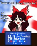  american_flag bow brown_eyes brown_hair english hakurei_reimu hidemaru-kyu hillary_clinton parody pink_jacket pink_shirt politician politics red_bow shirt touhou 