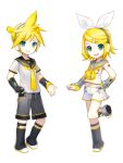  1boy 1girl aqua_eyes blonde_hair boots bow chibi closed_mouth detached_sleeves full_body hand_on_hip headphones ixima kagamine_len kagamine_len_(vocaloid4) kagamine_rin kagamine_rin_(vocaloid4) navel necktie official_art open_mouth sailor_collar short_hair shorts smile standing standing_on_one_leg transparent_background v4x vocaloid 