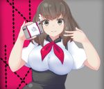  1girl :&gt; blush breasts brown_eyes brown_hair eyebrows eyebrows_visible_through_hair gatchaman_crowds hair_ornament high-waist_skirt highres ichinose_hajime kuro_mushi large_breasts long_hair looking_at_viewer school_uniform solo v 