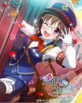  1girl 2015 autumn_leaves bag black_legwear black_shoes blue_hat brown_hair copyright_name dutch_angle glasses gloves ground_vehicle handbag hat idol_wars_z looking_at_viewer miku_tono name_tag official_art one_eye_closed open_mouth outdoors shoes solo standing thigh-highs train train_attendant uniform violet_eyes watermark waving white_gloves 