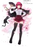  arm_garter black_legwear breasts cait cat cherry_blossoms fan flower folding_fan hair_flower hair_ornament hand_on_hip highres jacket_on_shoulders large_breasts official_art patterned_clothing red_eyes redhead short_hair skirt thigh-highs 