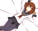  1girl absurdres arms_up bed bed_sheet black_legwear black_skirt blouse blush brown_eyes brown_hair hair_ornament hairclip hand_on_own_chest highres hizyon ikazuchi_(kantai_collection) kantai_collection knees_together_feet_apart long_sleeves looking_at_viewer lying neckerchief on_back pantyhose pleated_skirt sailor_collar school_uniform serafuku short_hair skirt solo 