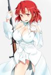  1girl breasts cleavage grey_background gun highres izetta large_breasts long_hair looking_at_viewer red_eyes redhead rifle shoujo_donburi shuumatsu_no_izetta simple_background smile solo thighs weapon 