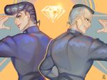  2boys black_hair blue_eyes diamond facial_mark from_behind gakuran grey_hair higashikata_jousuke jojo_no_kimyou_na_bouken looking_back makura-mana male_focus multicolored_hair multiple_boys nijimura_okuyasu outline pointing pompadour profile school_uniform sparkle two-tone_hair watermark 