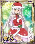  1girl bare_shoulders bell box breasts card_(medium) character_request cleavage gift gift_box gloves hat heterochromia holding_box long_hair looking_at_viewer medium_breasts number red_eyes red_gloves red_hat santa_gloves santa_hat silver_hair smile solo star sword_art_online very_long_hair yellow_eyes 