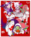  angel_wings animal_ears aqua_eyes arm_behind_head basket bat blood blood_splatter blood_stain candy cloak dixie_cup_hat green_eyes hair_bobbles hair_ornament hat heart higashikata_jousuke_(jojolion) highres hirose_yasuho index_finger_raised jack-o&#039;-lantern jojo_no_kimyou_na_bouken jojolion kemonomimi_mode lipstick lollipop makeup military_hat one_eye_closed open_mouth paisley_park_(stand) paws pink_hair pink_lipstick purple_hair sailor sen_no_ki skirt smile soft_&amp;_wet stand_(jojo) tail thigh-highs tooth_gap wings wolf_ears wolf_tail 