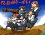  5girls akiyama_yukari black_hair blouse boko_(girls_und_panzer) brown_eyes brown_hair cola food girls_und_panzer green_skirt hairband hand_on_headphones headphones isuzu_hana long_hair long_sleeves multiple_girls nishizumi_miho popcorn reizei_mako school_uniform serafuku short_hair skirt takanaga_kouhei takebe_saori tank_shell thigh-highs translation_request white_blouse 