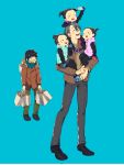  2boys 3girls bag blue_background blue_gloves brown_hair carrying cellphone child closed_eyes coat glasses gloves hair_bun highres katsuki_yuuri mittens multiple_boys multiple_girls nishigoori_axel nishigoori_loop nishigoori_lutz phone pink_gloves purple_gloves rikyuu scarf self_shot shoes shopping_bag short_hair short_ponytail short_twintails shoulder_carry siblings silver_hair simple_background sisters sitting_on_shoulder smartphone smile sneakers triplets twintails vest viktor_nikiforov white_hair winter_clothes winter_coat yuri!!!_on_ice 