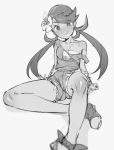 1girl akira_(natsumemo) flower greyscale hair_flower hair_ornament looking_at_viewer lying mallow_(pokemon) monochrome on_back pokemon pokemon_(game) pokemon_sm shoulders solo thighs tight tongue twintails undressing white_background 