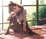  1girl blush brown_eyes brown_hair hair_ribbon idolmaster idolmaster_cinderella_girls looking_at_viewer maru_(sara_duke) pantyhose ribbon sakuma_mayu short_hair sitting smile solo window 