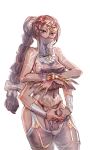  1girl bare_shoulders blue_eyes bow_(bhp) braid breasts brown_hair covered_nipples dark_skin extra_arms harem_outfit harem_pants long_hair looking_at_viewer multiple_arms navel original pants pointy_ears see-through sideboob simple_background sketch solo tattoo white_background 