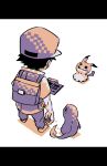  1boy backpack bag black_hair charmander hat highres hscatter mimikyu_(pokemon) poke_ball pokedex pokemon pokemon_(creature) pokemon_(game) pokemon_rgby pokemon_sm red_(pokemon) red_(pokemon)_(classic) 